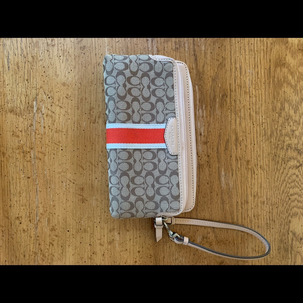 Coach tan jacquard long zipper wallet